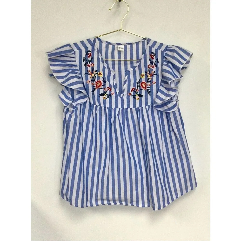 Womens Blue White Striped Floral Embroidered Ruffle Sleeve‎ Peplum Blouse Small